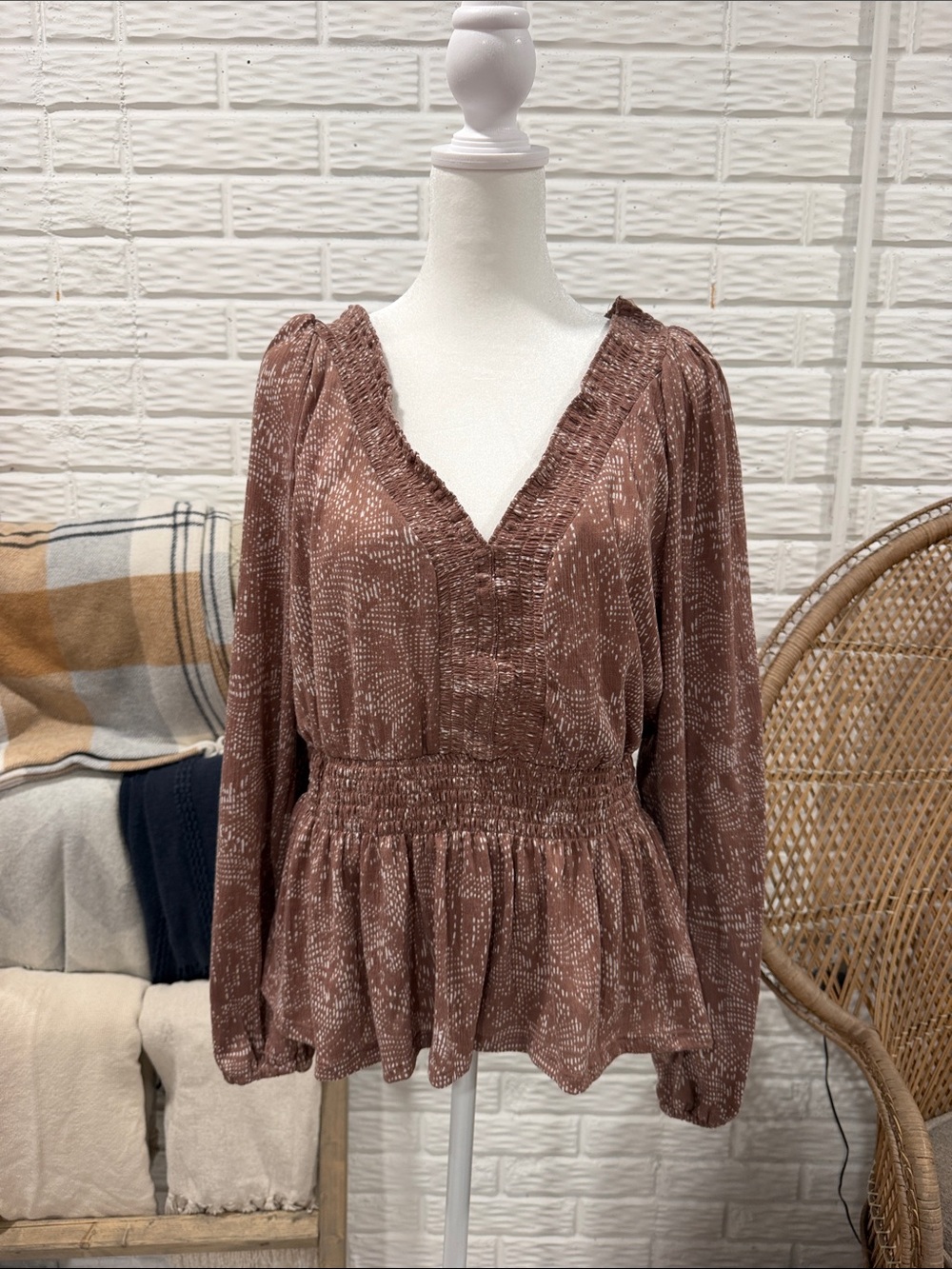 Daytrip Dusty Brown Smocked Waist V-Neck Peasant Top